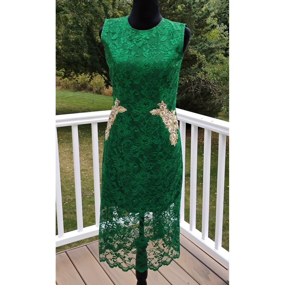Nazila Couture XS Green French Lace Sheath Dress Crystal Bead Appliques NWOT